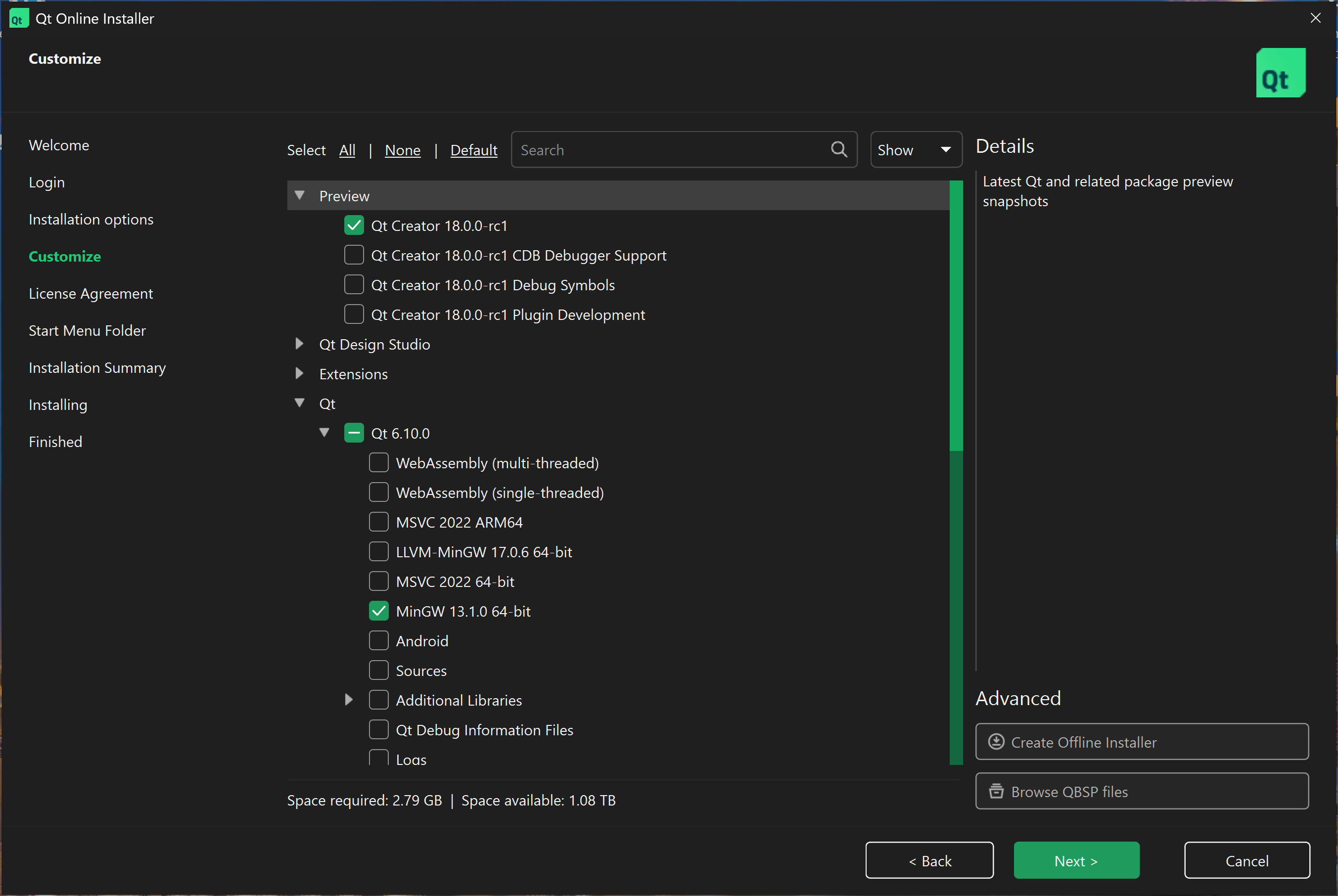 Screenshot on component selection